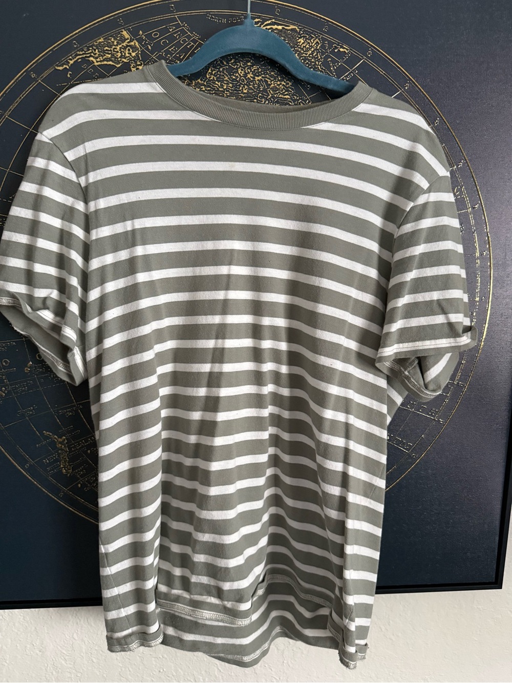 Everlane Olive Green & White Striped Crew Tee